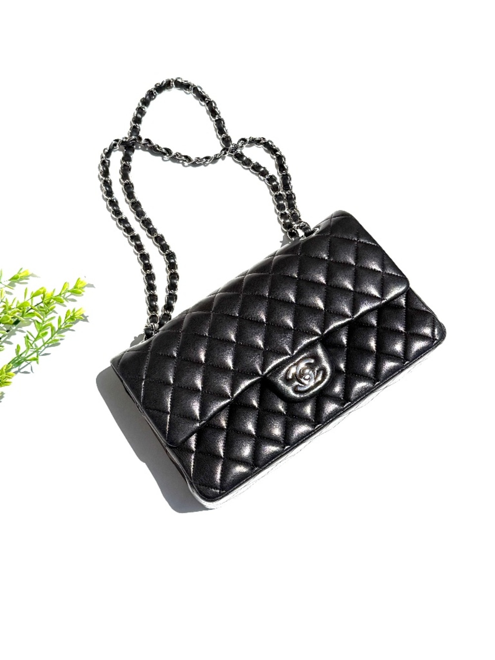 Authentic CHANEL Classic Medium Double Flap Black Quilted Leather Silver Hardwar